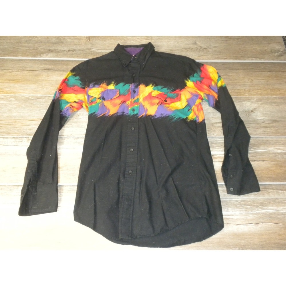 Roper Shirt Mens M Black Neon Brushstroke Vintage 90's Western Rodeo Cowboy USA